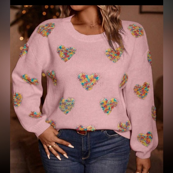 Heart Print Vday Valentine’s Day Knit Sweater Top - Picture 5 of 13